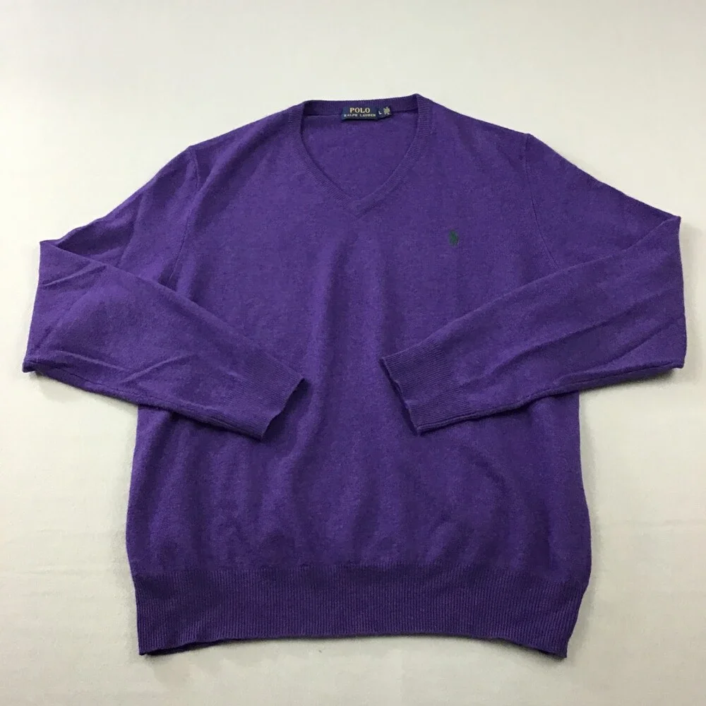 Polo Ralph Lauren Sweater Men Large PurpleSolid V-Neck Pullover Knit Pony Wool